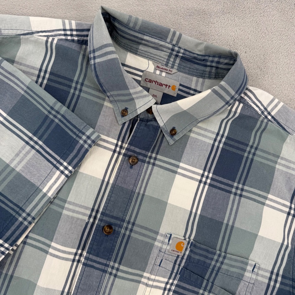 Carhartt Shirt Mens 2XL Relaxed Fit Plaid Short Sleeve Button Down Blue Workwear